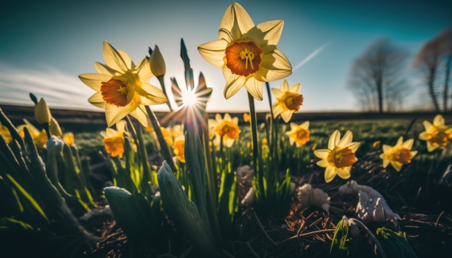 原野日出阳光黄色水仙花图片