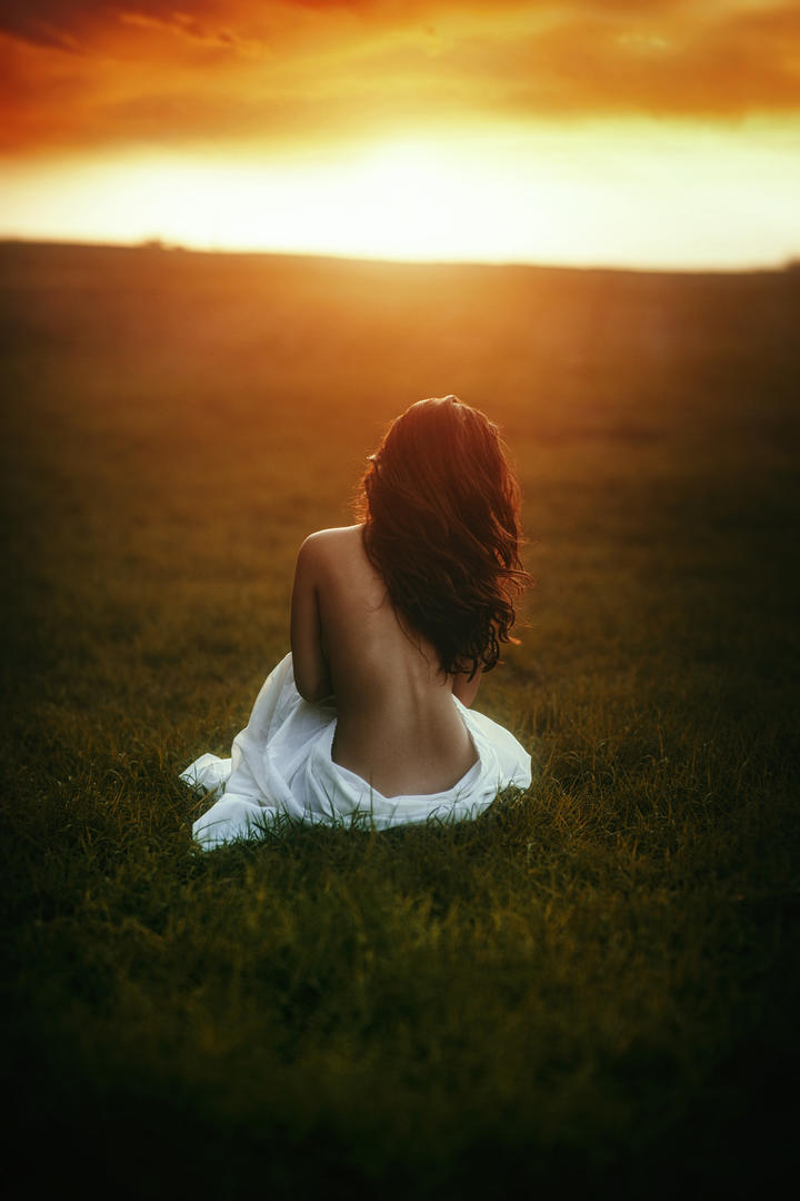 坐在草地上的高清美女背影写真图片