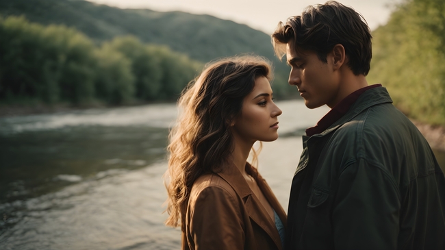 河边面对面情侣写真摄影图片