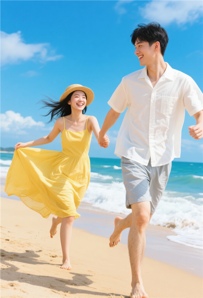夏日海边手牵手海滩奔跑的情侣图片