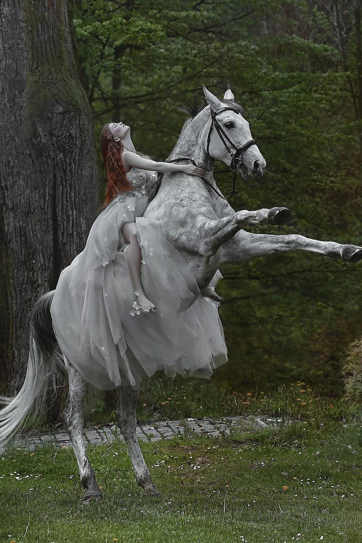 骑着白马的欧美美女图片