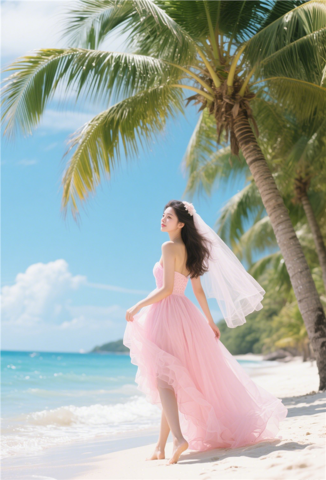 夏日热带海岛粉色婚纱摄影图片