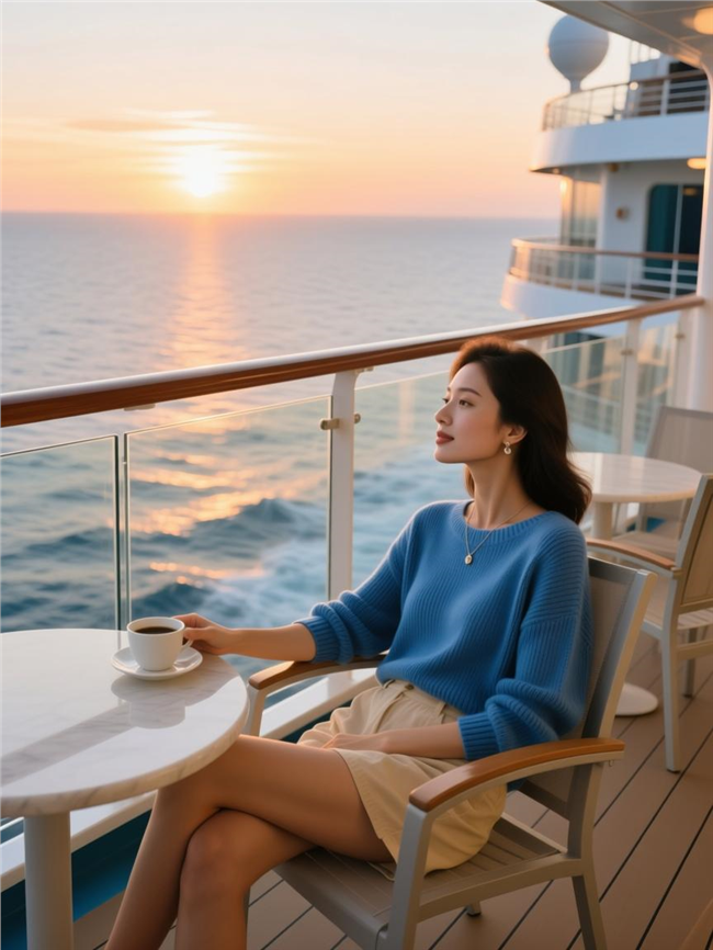 黄昏邮轮露台喝咖啡的美女图片