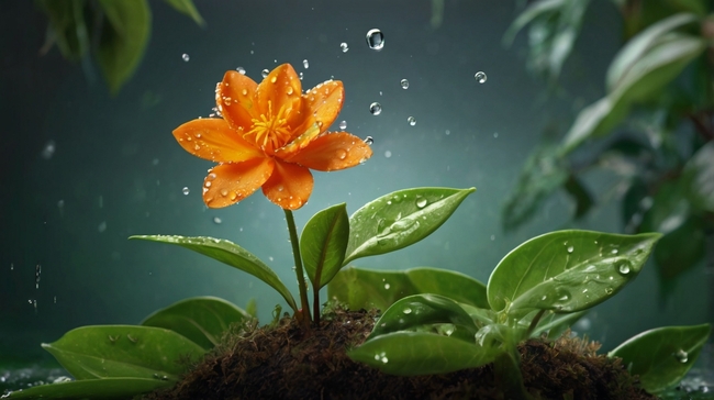 雨后橙色花朵绽放摄影图片