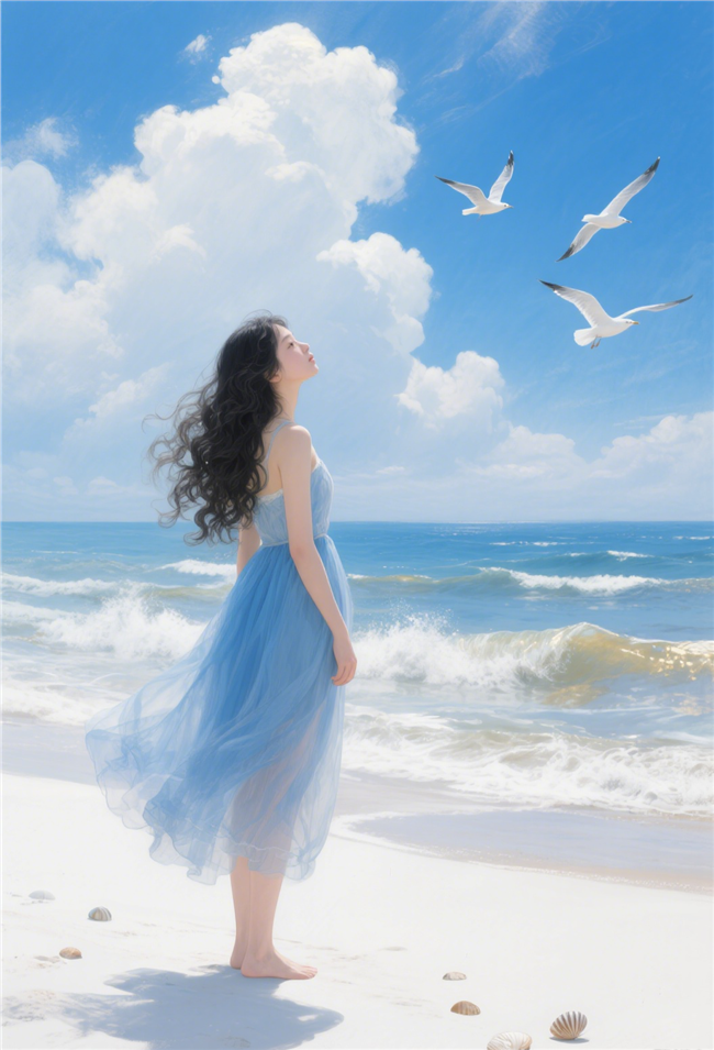 唯美海边蓝色纱裙少女看海油画图片