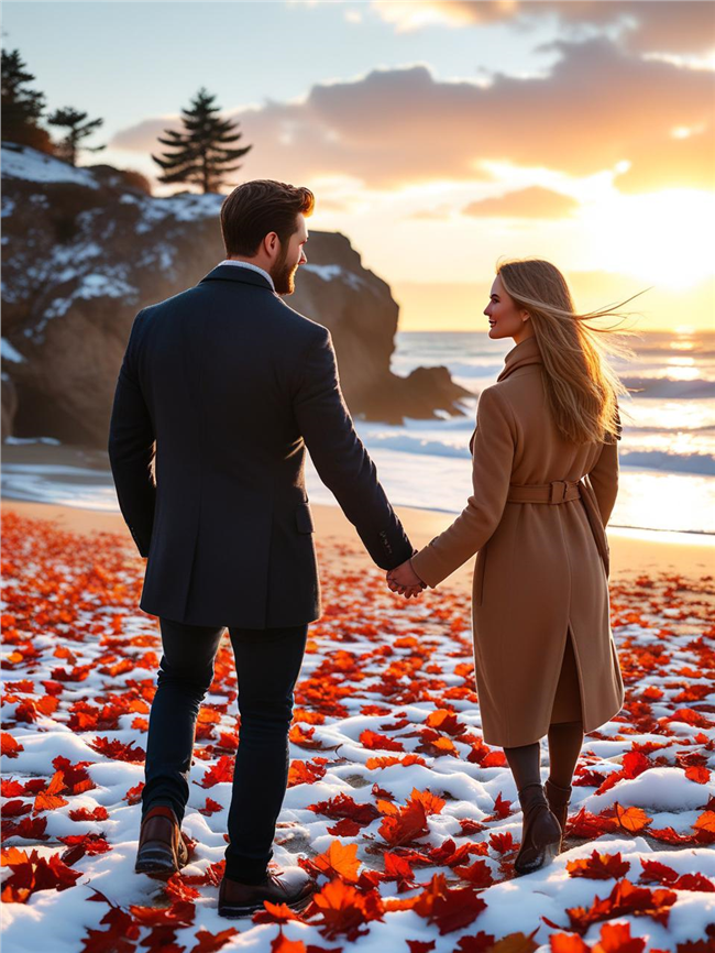 冬日黄昏海边看日出情侣背影图片