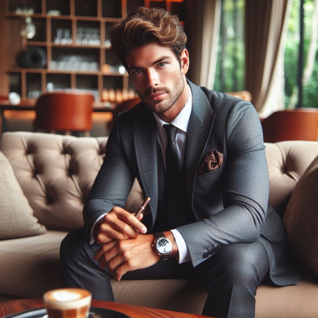 坐在沙发上的帅气西装帅哥图片
