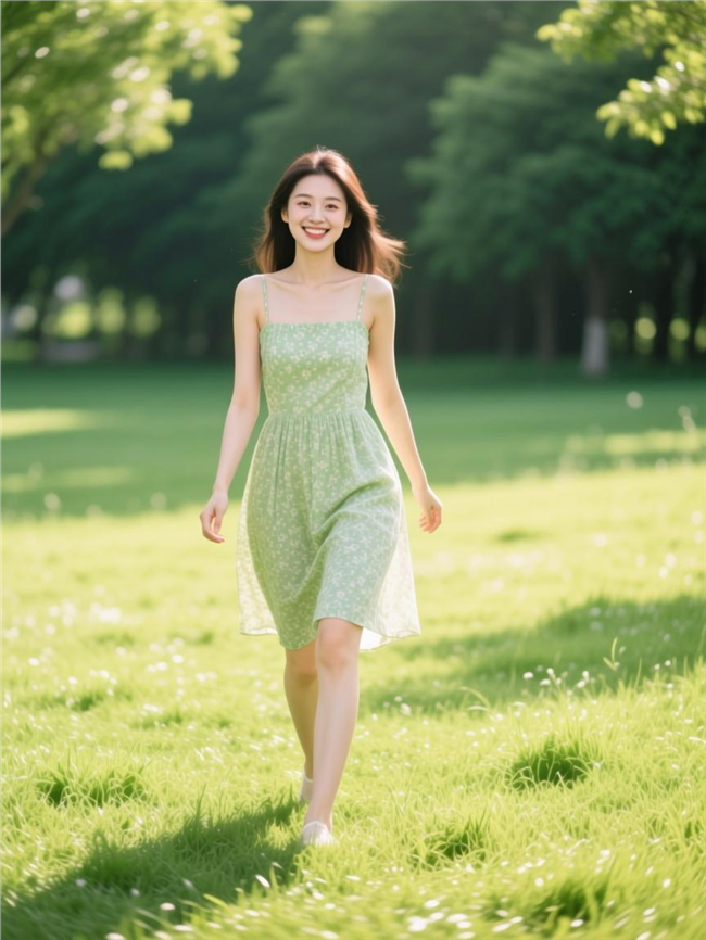 春天绿色草地吊带裙美女写真图片