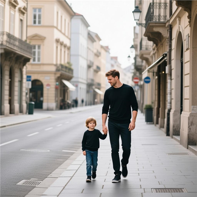 欧美街头爸爸牵着孩子的手图片