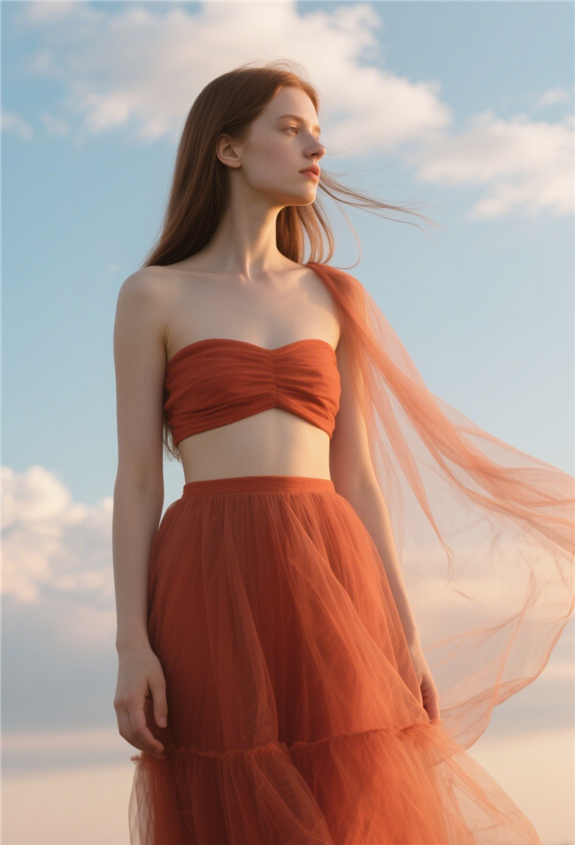 欧美橙色纱裙美女性感写真摄影图片