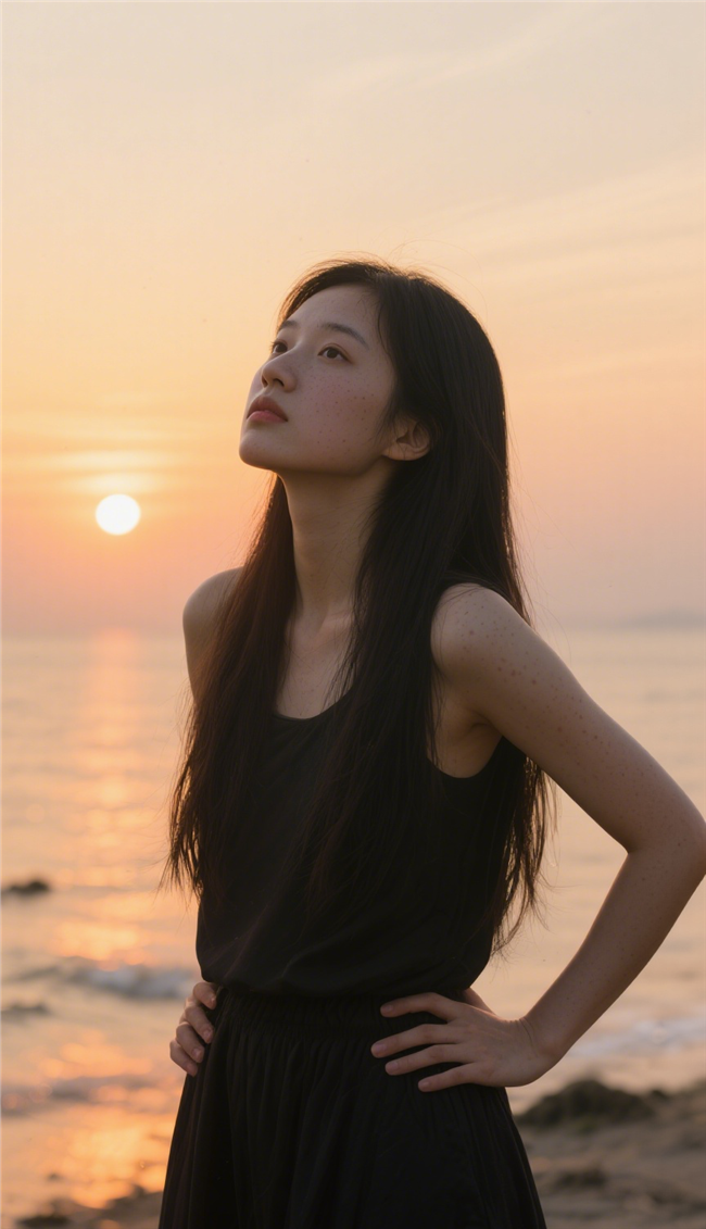 日暮黄昏海边氛围感美女写真图片