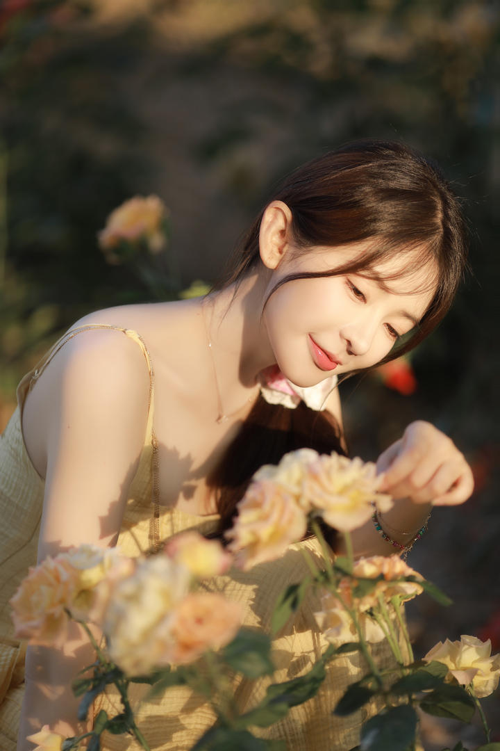 夕阳下赏花的清纯女孩唯美艺术写真图片