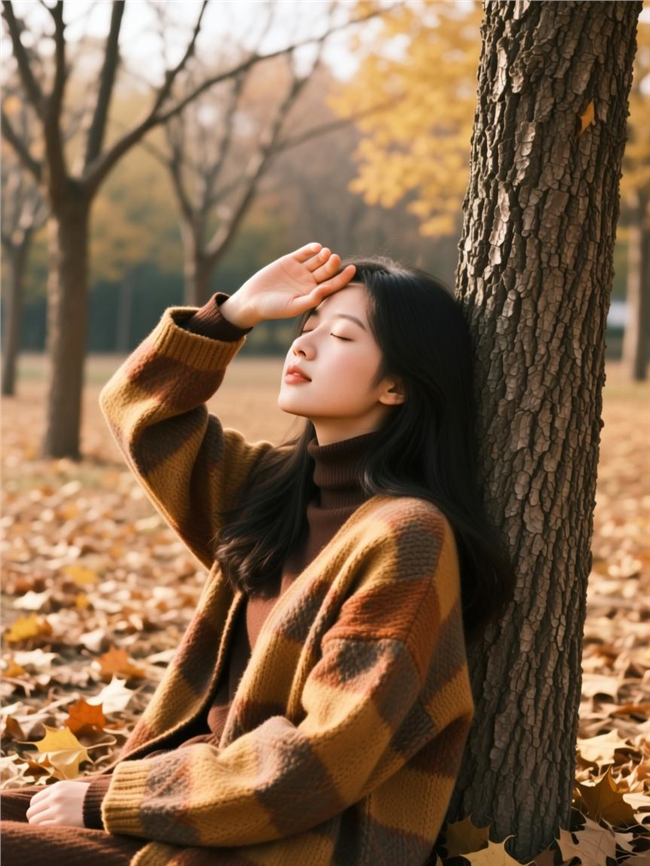 秋季树下慵懒风美女写真摄影图片