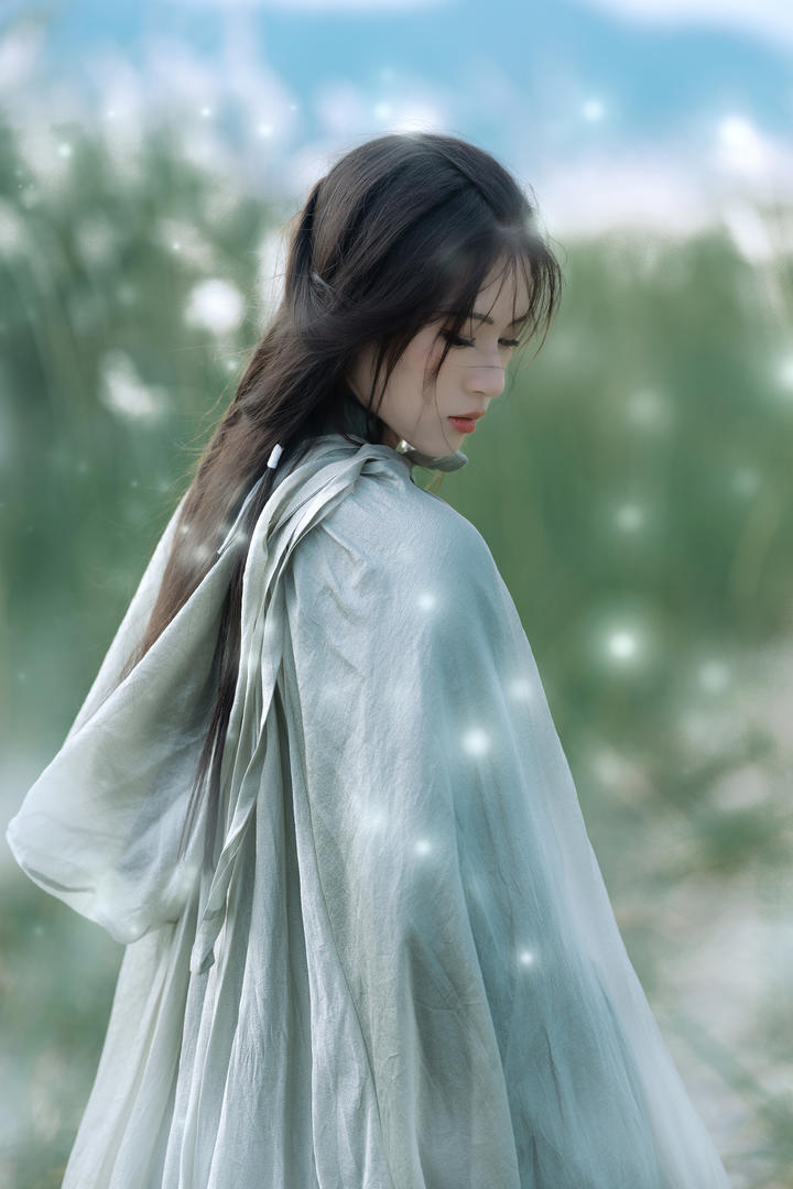 穿着披风的古典美人侧脸唯美艺术摄影图片