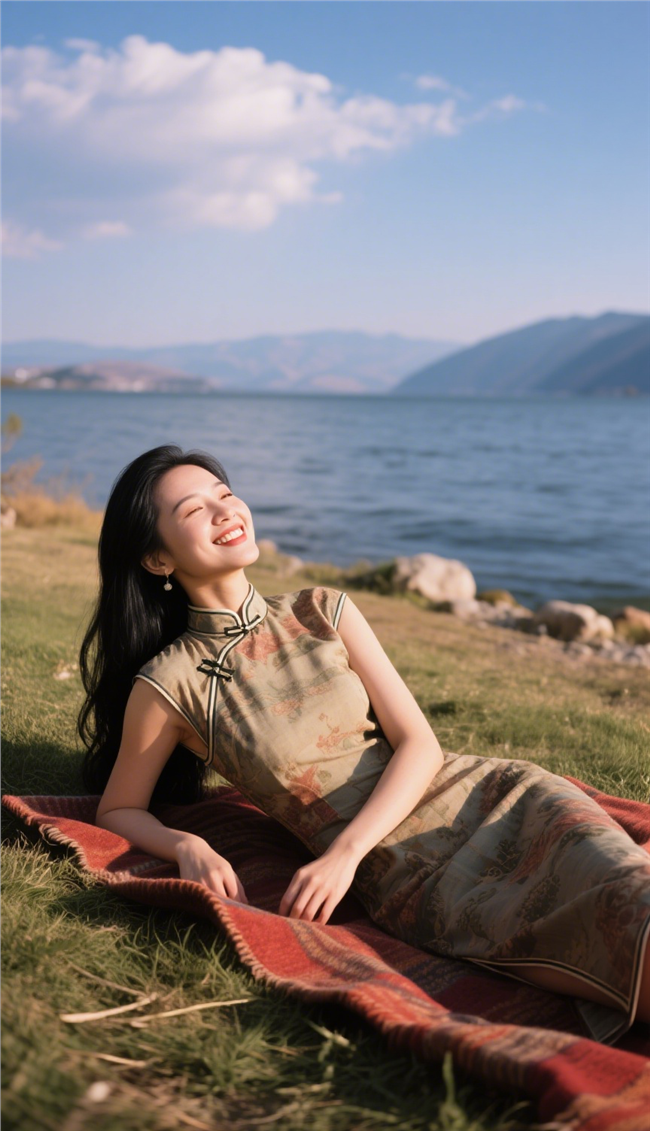 古典旗袍风美女湖边写真图片