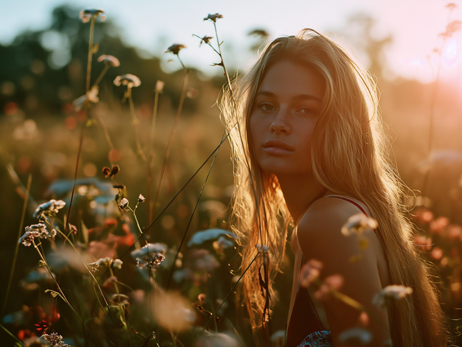 日暮黄昏户外花草丛美女写真摄影图片