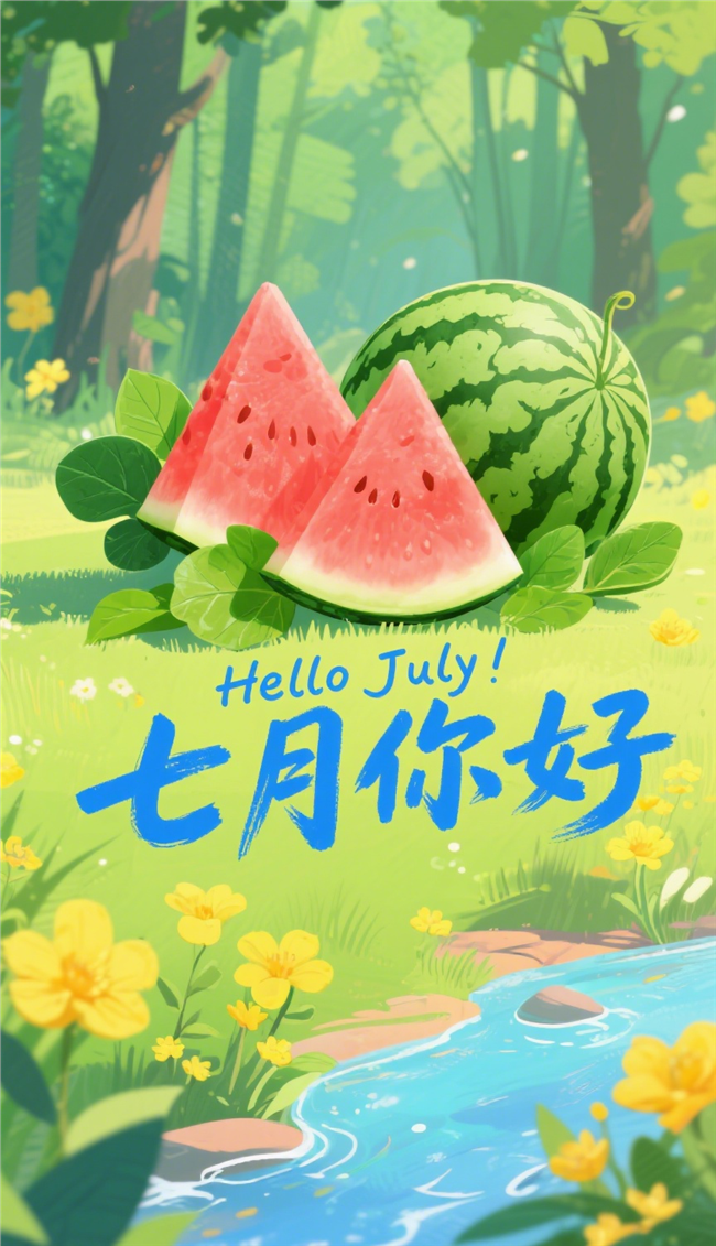 七月你好卡通插画海报设计图片