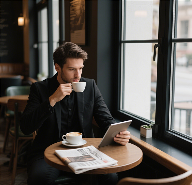欧美帅哥咖啡厅喝咖啡看平板图片