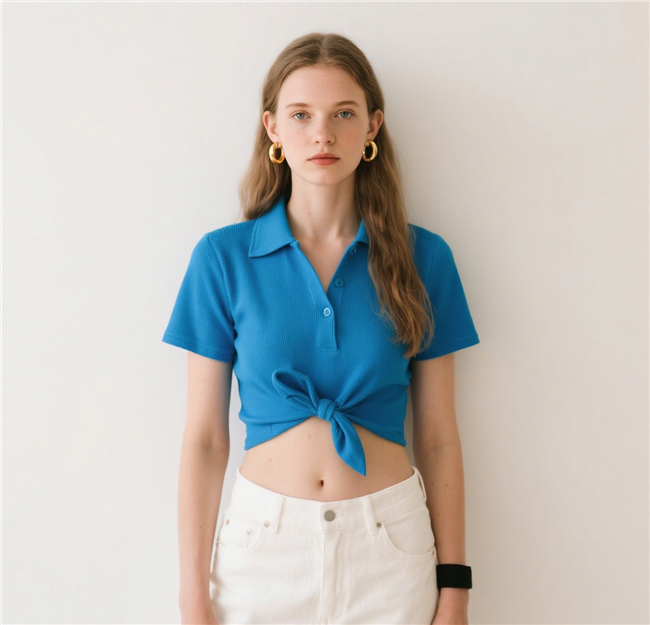 蓝色短袖衬衣肚脐装美女人像摄影图片