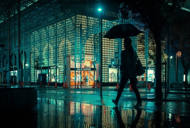 夜晚雨中城市撑伞行人图片