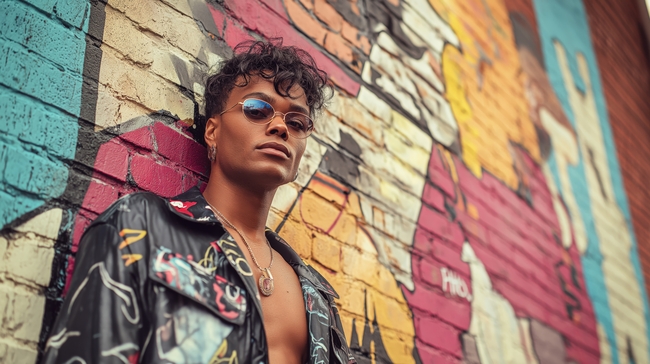 欧美涂鸦墙戴墨镜帅哥写真图片