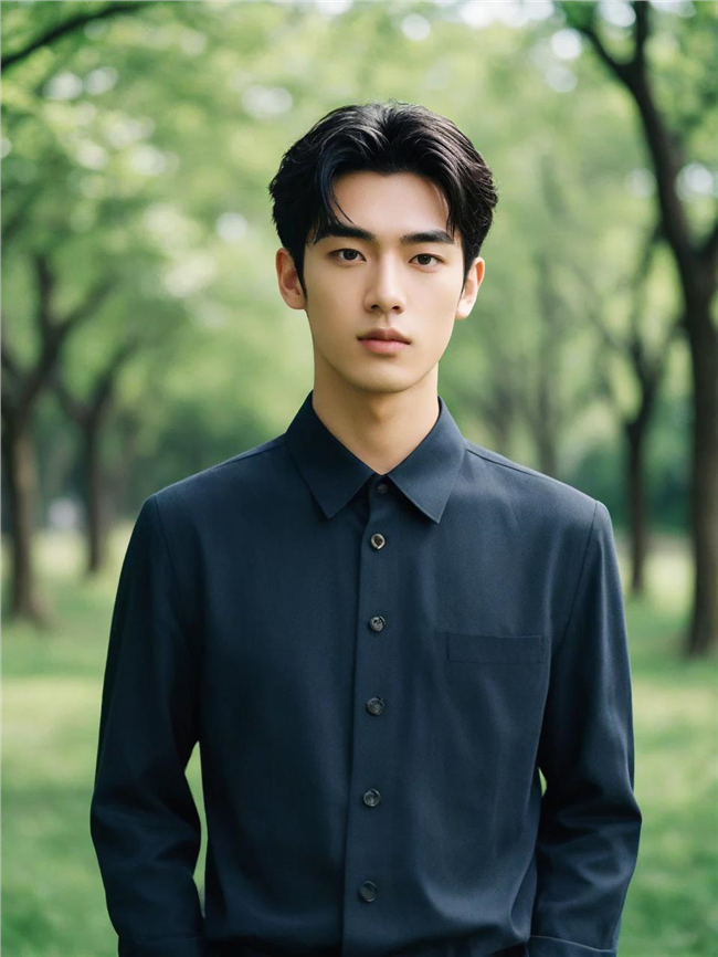 绿色树林亚洲衬衫帅哥写真图片