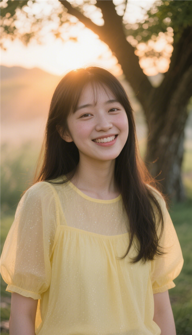 夏日黄昏黄色上衣亚洲美女摄影图片