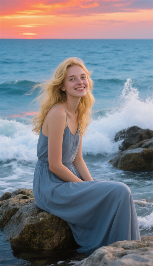 日暮黄昏海边礁石欧美美女写真图片