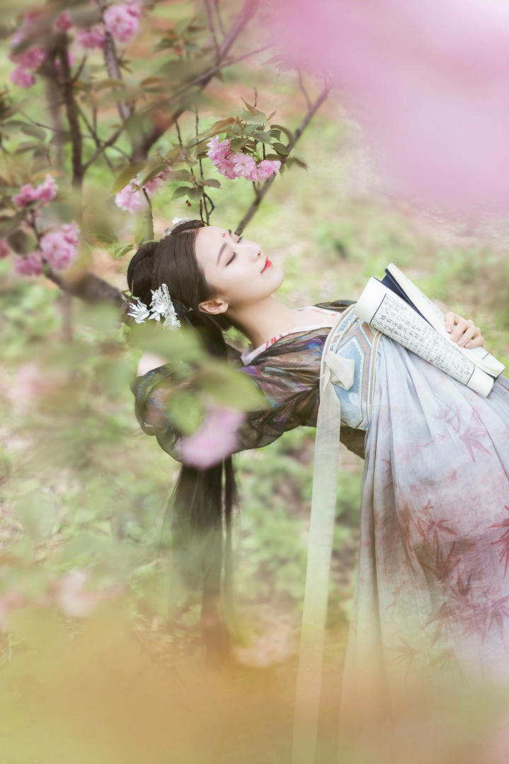 躺在树上看书的唯美古装美女摄影图片
