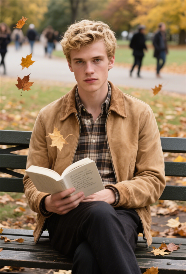 秋天公园长椅上看书的帅哥图片