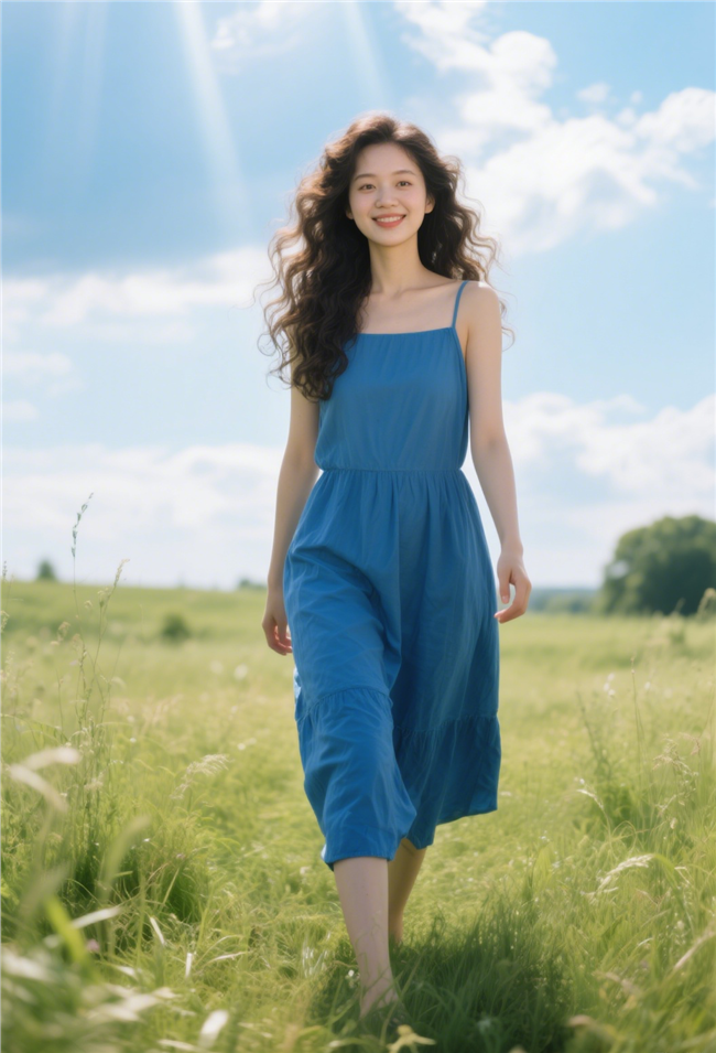 清新治愈系蓝色吊带裙美女图片