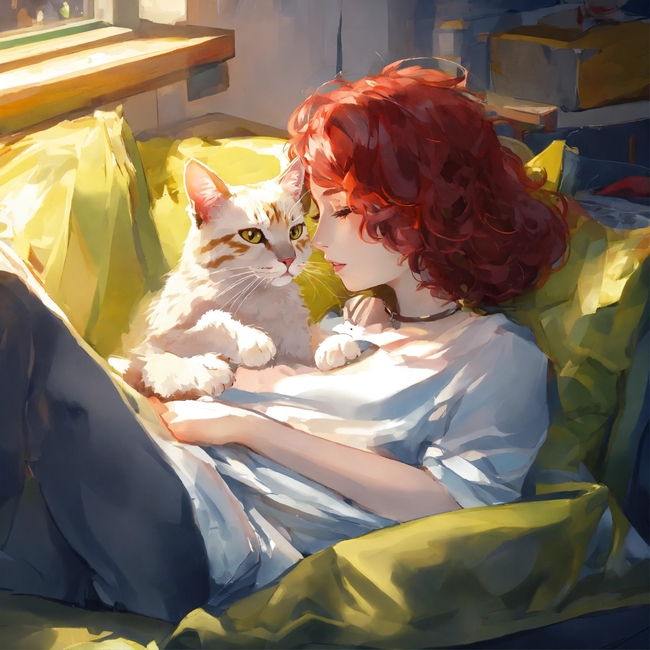 抱着猫咪的动漫美女插画图片