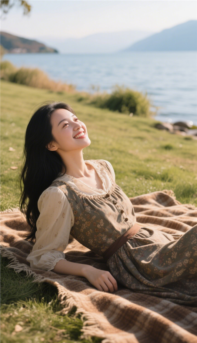 海边草坪上躺在毯子上的美女图片