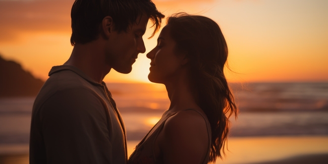 浪漫黄昏海边情侣面对面剪影图片