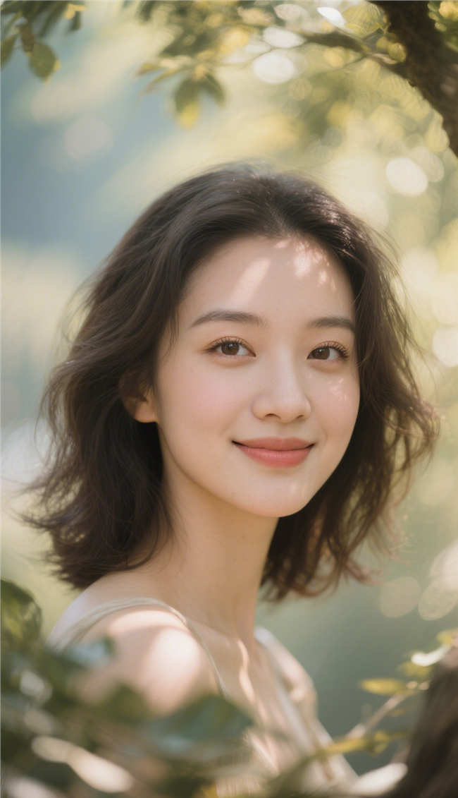 树林丛间微微一笑的美女图片