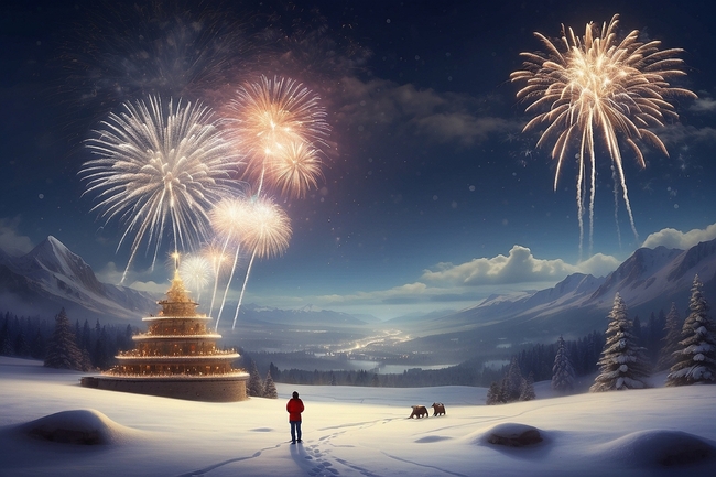 唯美浪漫雪地跨年烟花夜景图片