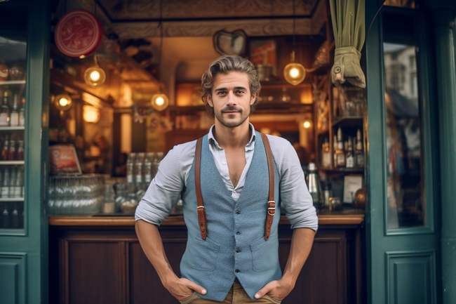 复古商业街酒吧门口帅哥写真图片