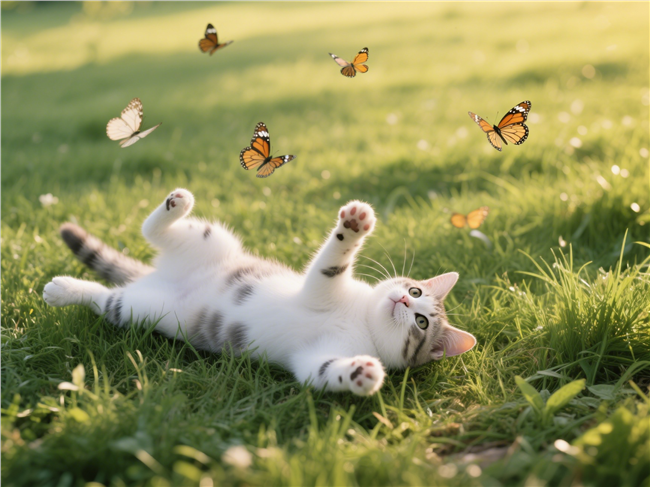 草地蝴蝶小猫自由嬉戏图片