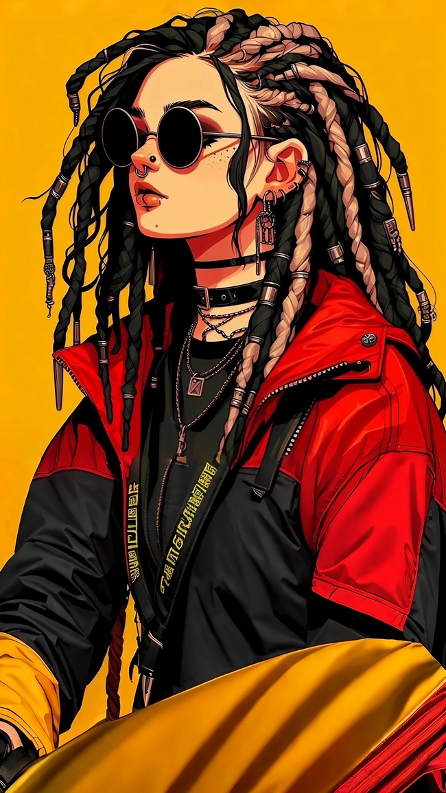 时尚朋克风美女彩色动漫插画图片