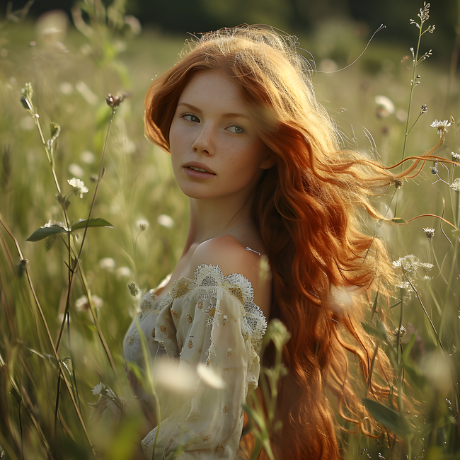 春日草丛唯美卷发美女写真图片