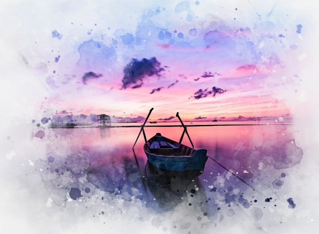 唯美黄昏湖泊风景油画图片