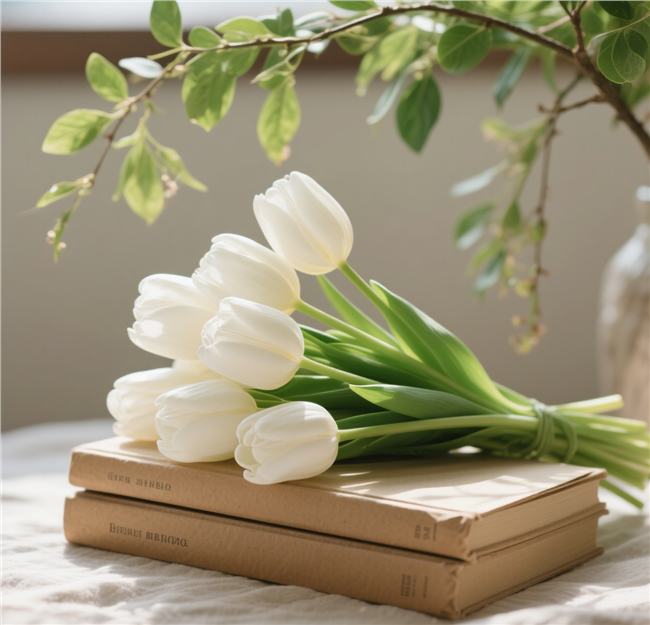 牛皮纸书籍上的白色郁金香图片