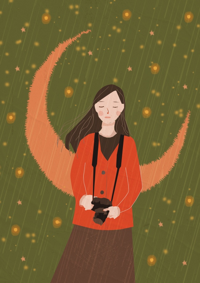 下雨天女孩手绘插画图片