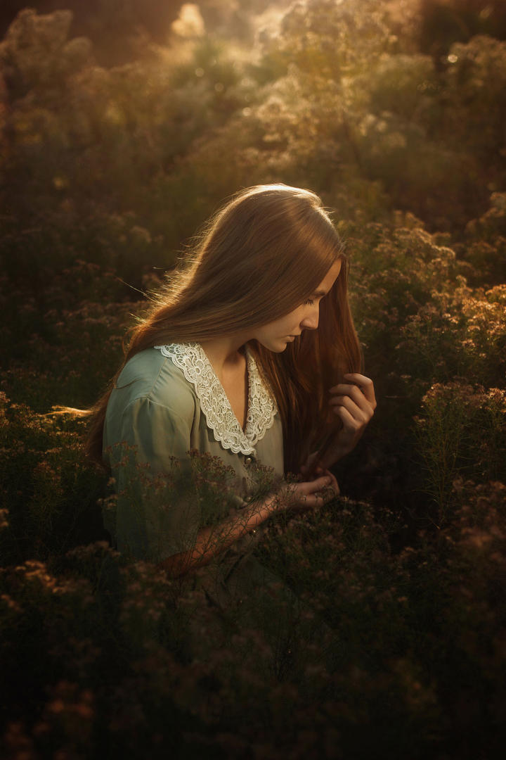 花丛中的古典少女艺术摄影图片