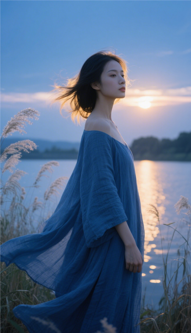 傍晚时分站在湖边的美女图片