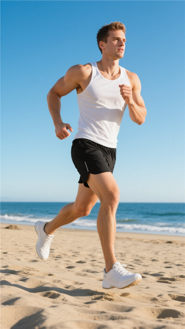 蓝天白云海边沙滩跑步帅哥图片