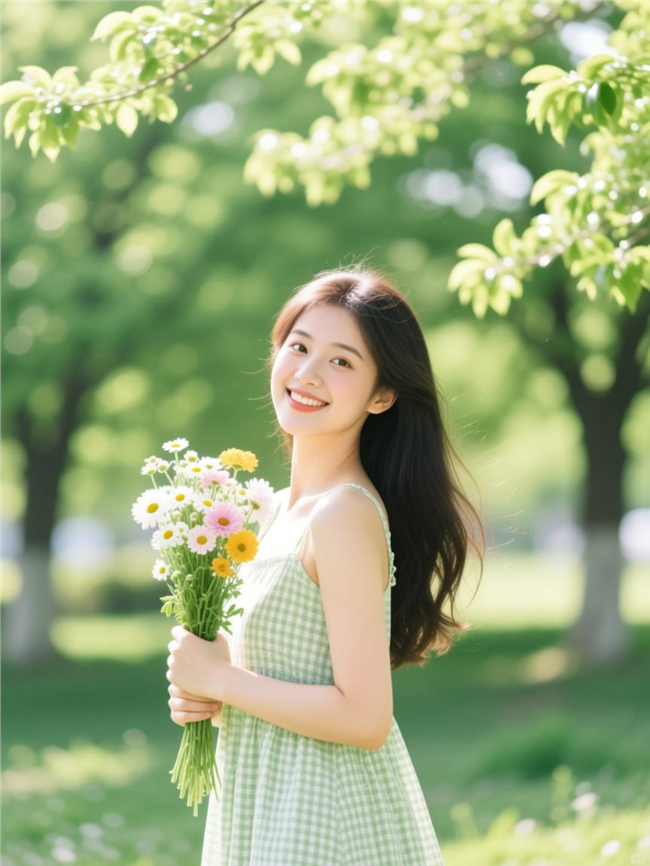 春季唯美清新手捧花美女写真图片