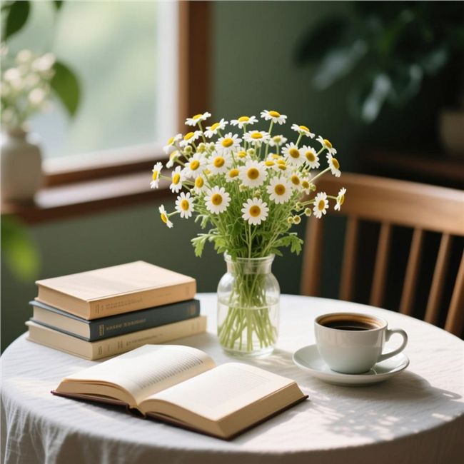 茶几桌上书籍咖啡小雏菊插花图片