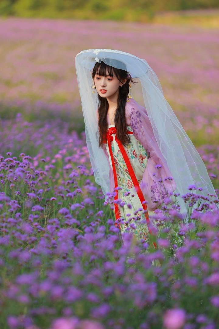 戴着斗笠的古装汉服美女花丛摄影写真图片