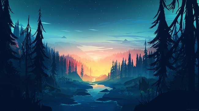 清晨日出山水树林风景卡通插画图片